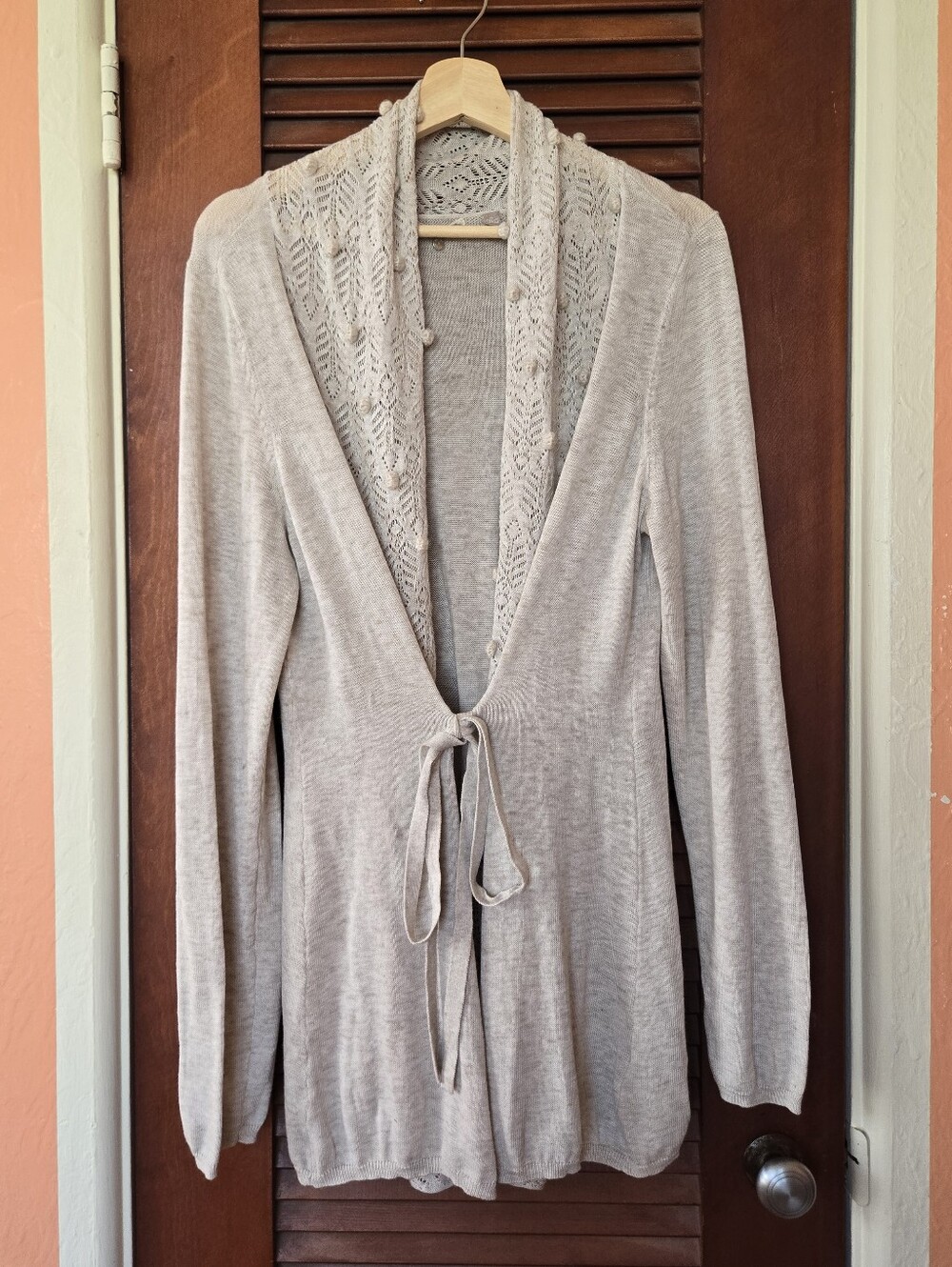 Knitted & Knotted For Anthropologie Open Crochet Cardigan Selt Tie Otmeal XL
